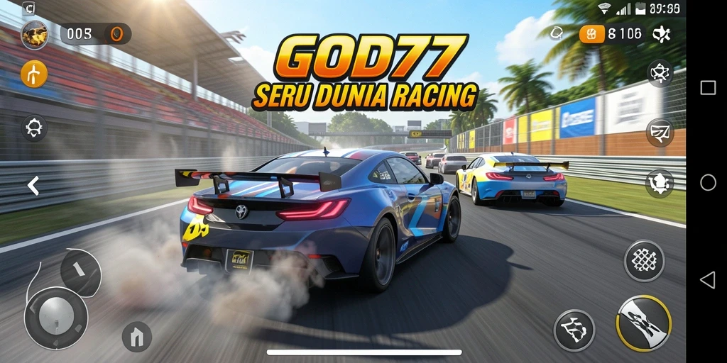 Gameplay mendebarkan di GOD77 dengan mobil balap cepat.