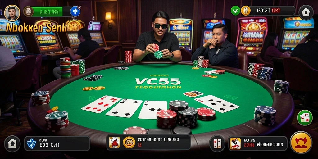 Tangkapan layar gameplay VC55 yang menampilkan suasana seru permainan Poker.