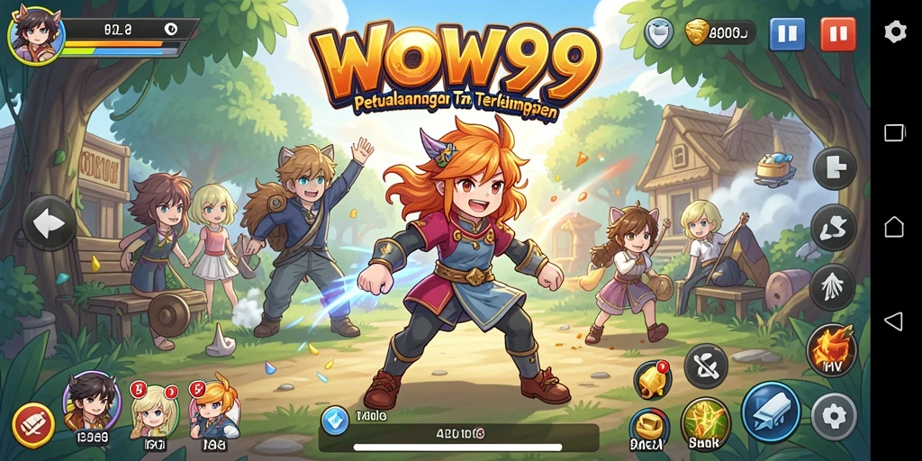 Tampilan screenshot utama WOW99 menampilkan karakter anime dalam pertempuran menegangkan.