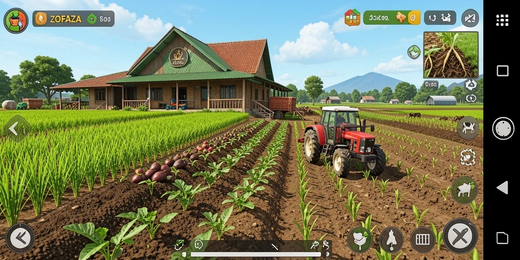 Gameplay ZOFAZA menampilkan pertanian yang menyenangkan dan interaktif.